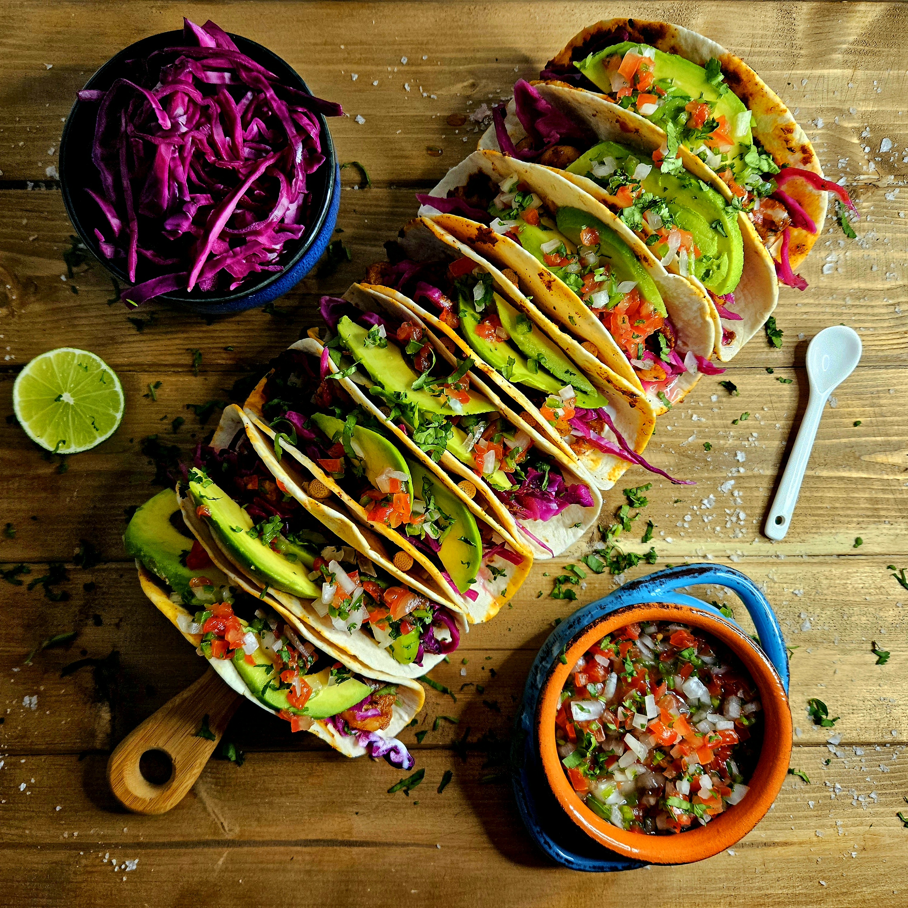 Blackened Prawn Tacos with Lime Sour Cream, Pickled Red Cabbage, Avocado, Pico de Galo, and Soft Shell Wheat Tacos