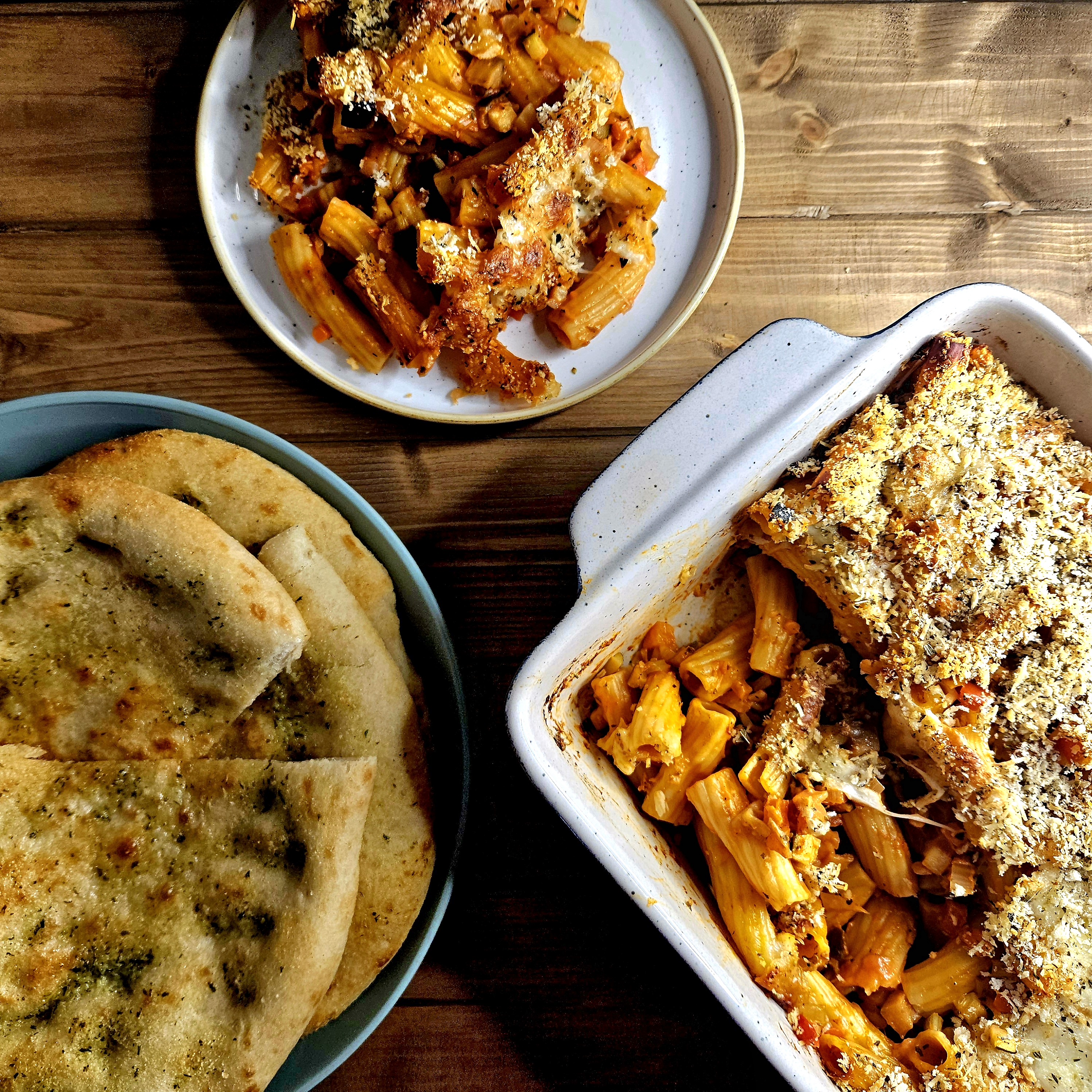 Diced Mediterranean Vegetables incuding aubergine, courgette, peppers, and onions BAked with Rigatoni pasta Bake