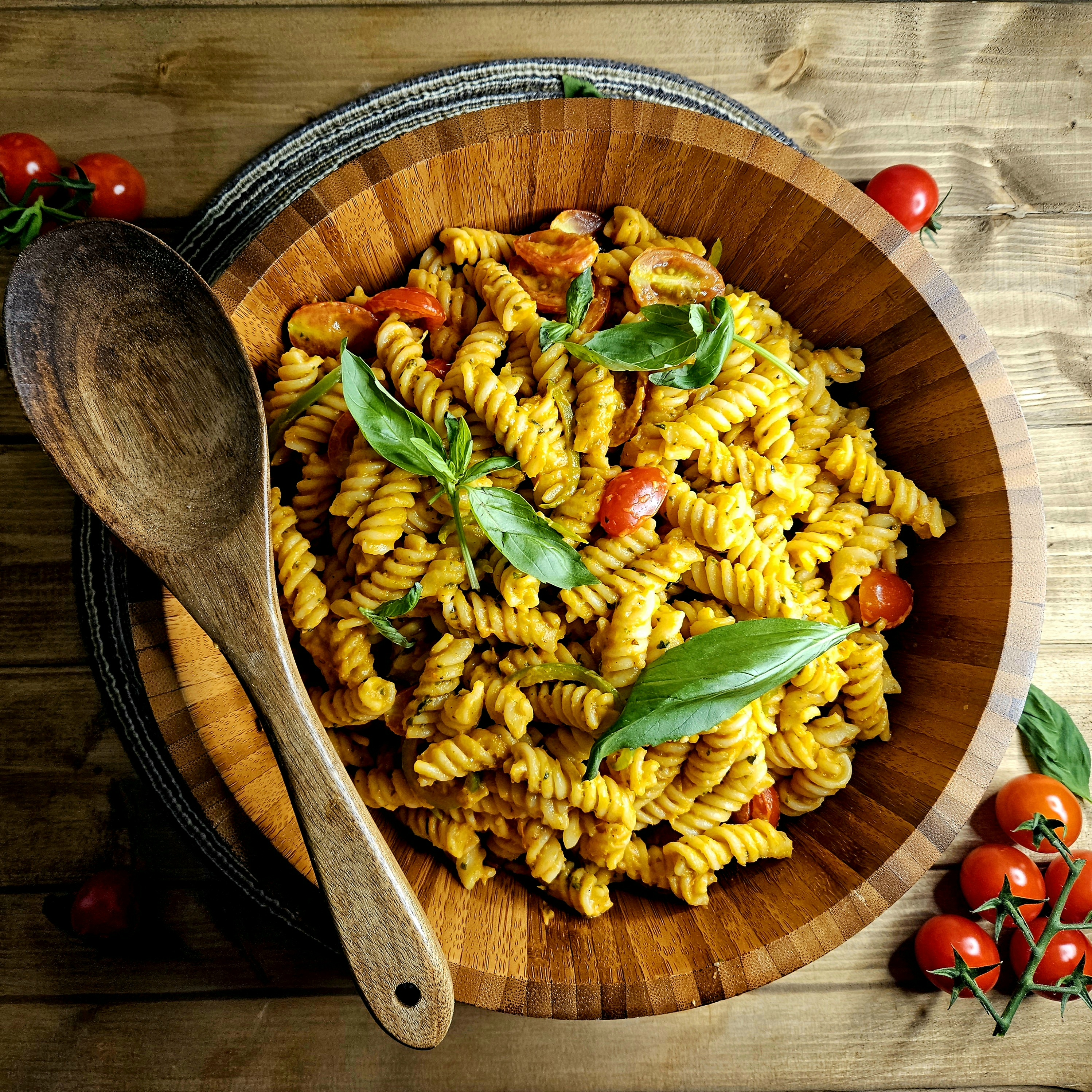 Roast Tomato & Basil Salad with Roast Tomato Dressing and Fusilli Pasta