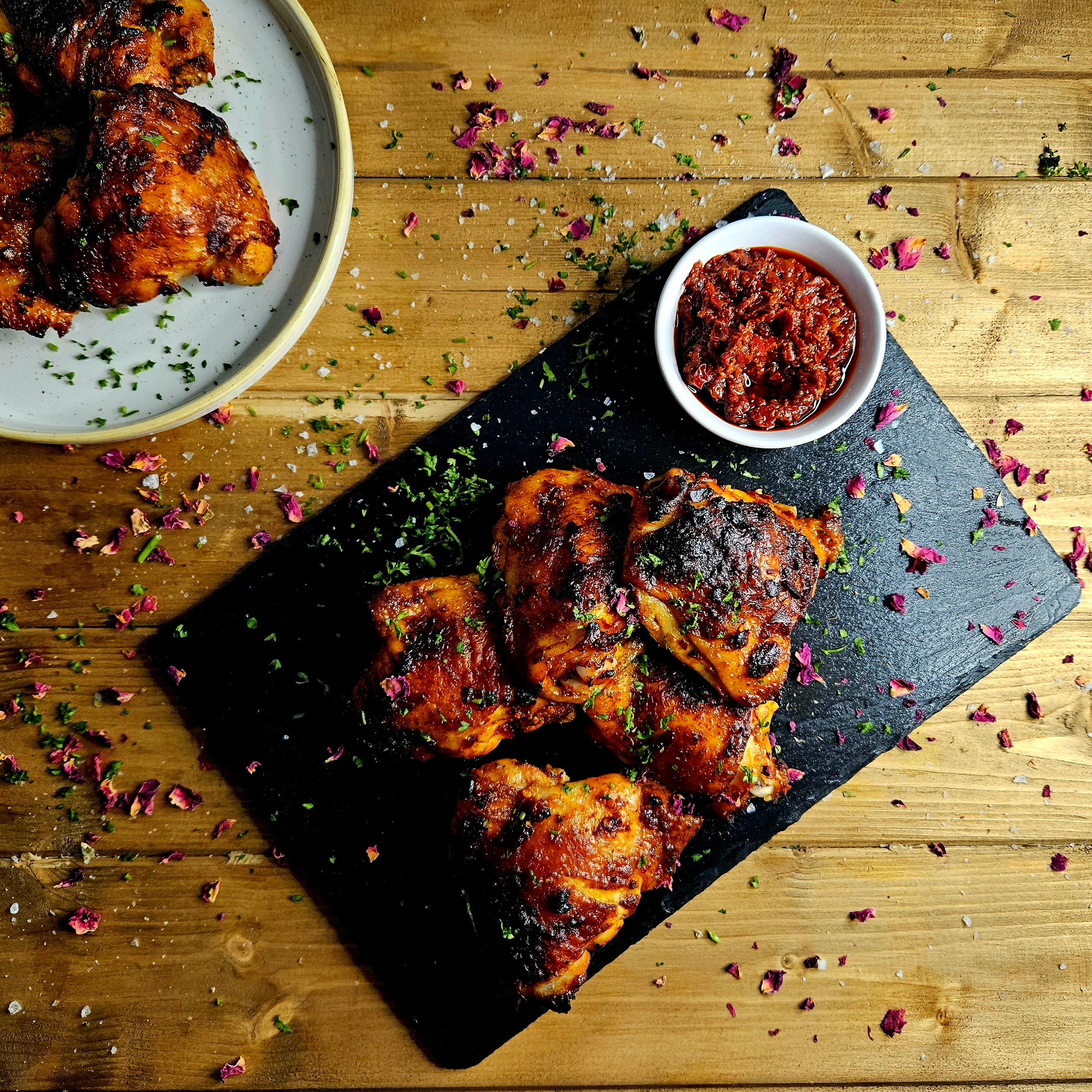 Harissa Roasted Chicken with Rose Petlas, and HArissa Paste