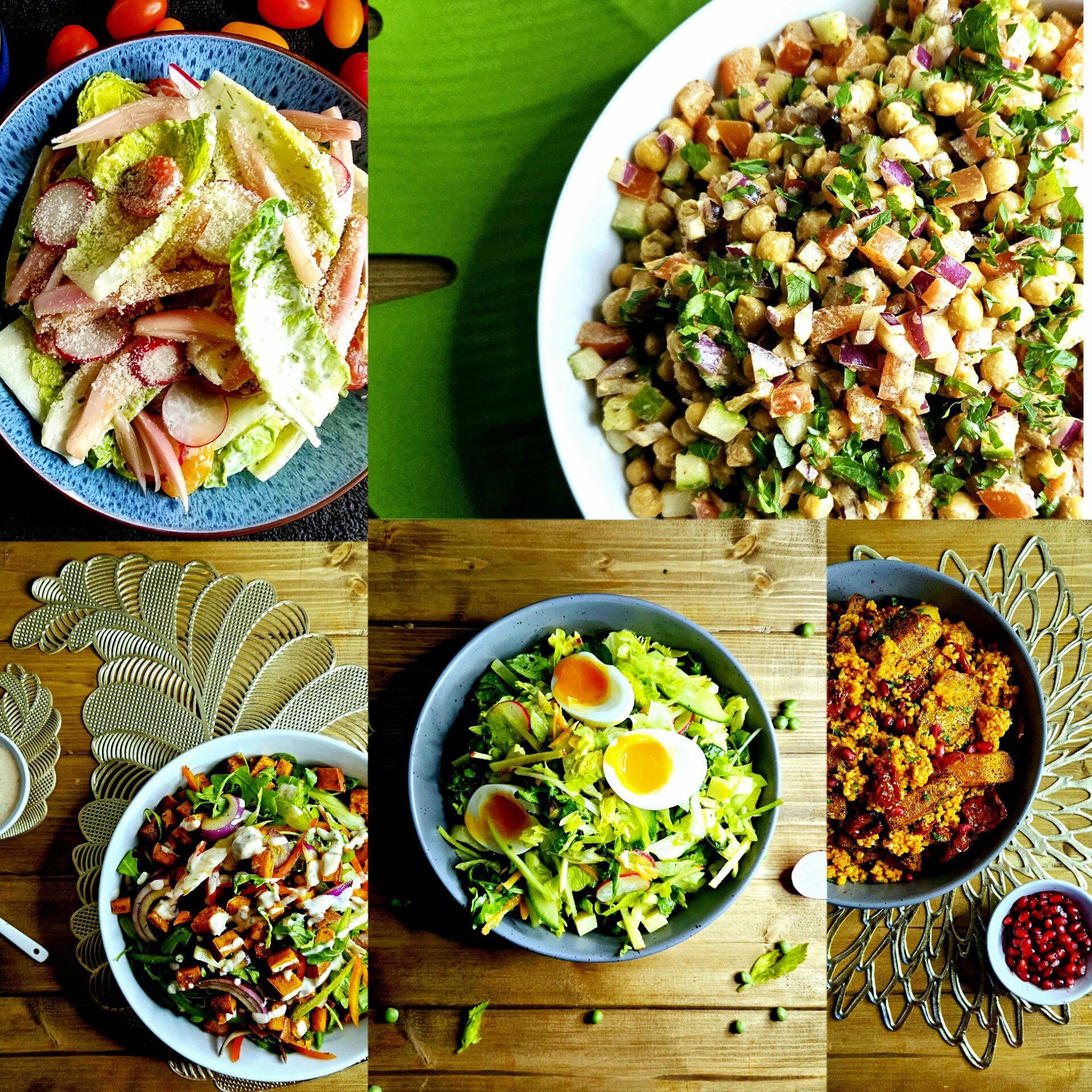 5 images from 10 side salad recipes from the salttotaste blog that will liven up any dinnertime. Salads inclide little gem salad, chickpea salad, cajun sweet potato, english garden salad, sumac roasted squash and bulgur wheat