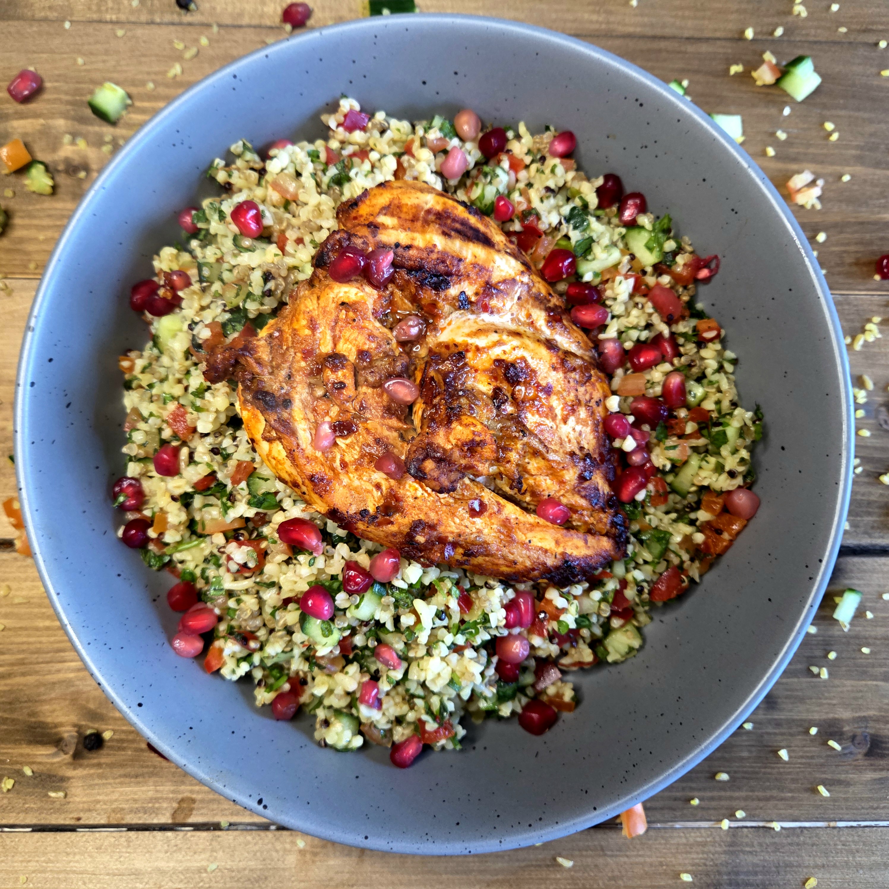 Harissa Chicken & Bulgur Wheat Salad with Pomegranates & Quinoa