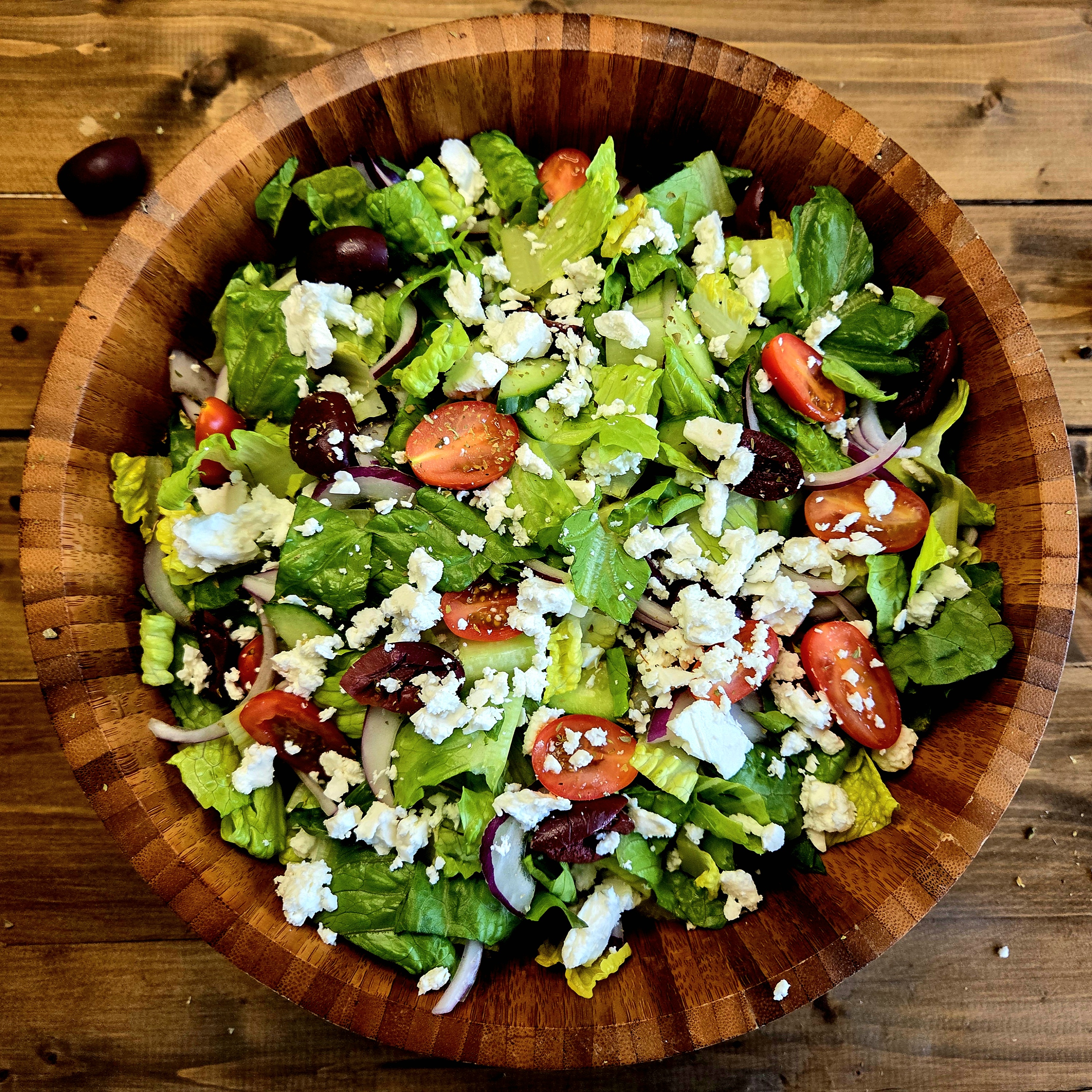 salad with feta, olives, tomatoes, cucumber, cos